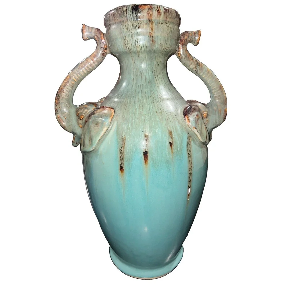 15/ Vintage Ceramic Large Drip Glaze Vase Double Elephant Head Handles Turquoise